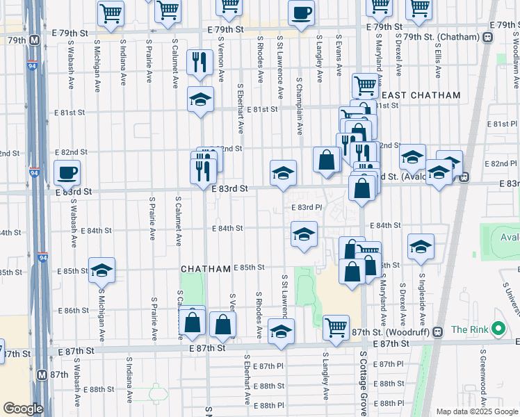 map of restaurants, bars, coffee shops, grocery stores, and more near 505 East 83rd Street in Chicago