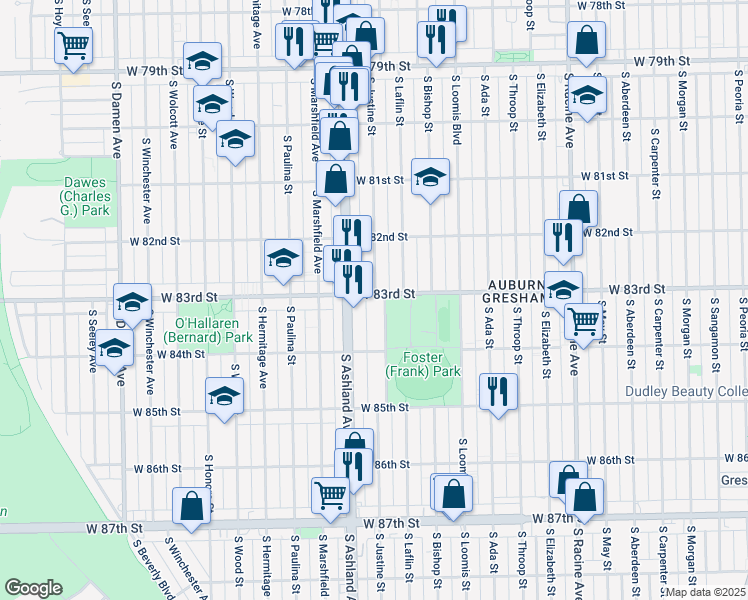 map of restaurants, bars, coffee shops, grocery stores, and more near 8253 South Justine Street in Chicago