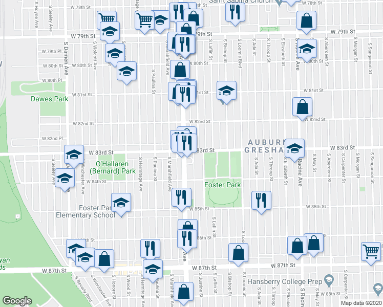 map of restaurants, bars, coffee shops, grocery stores, and more near 8249 South Ashland Avenue in Chicago