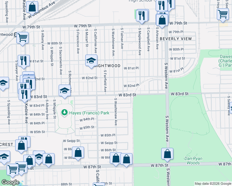 map of restaurants, bars, coffee shops, grocery stores, and more near 8229 South Washtenaw Avenue in Chicago