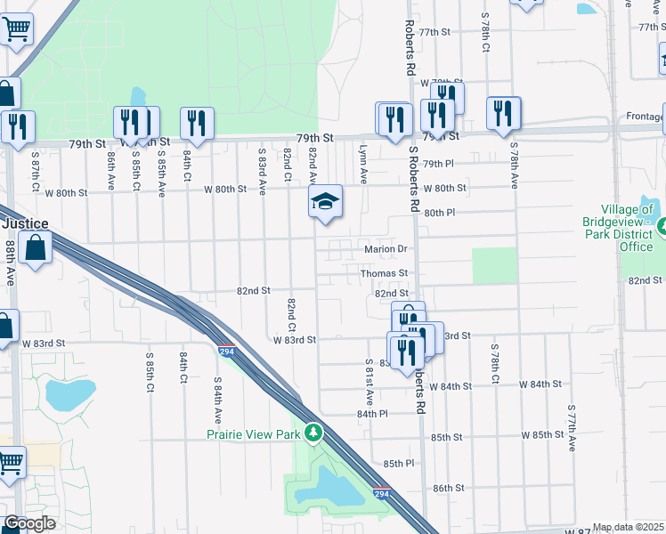 map of restaurants, bars, coffee shops, grocery stores, and more near 8137 Marion Drive in Justice