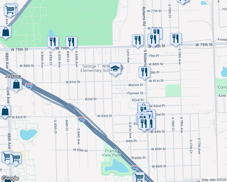 map of restaurants, bars, coffee shops, grocery stores, and more near 8137 Marion Drive in Justice