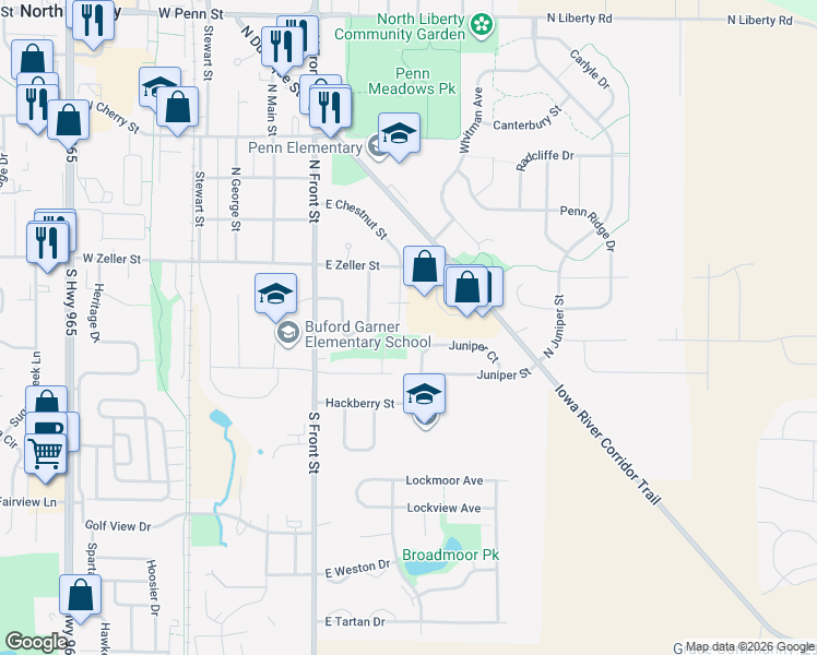 map of restaurants, bars, coffee shops, grocery stores, and more near 250 South Chestnut Street in North Liberty