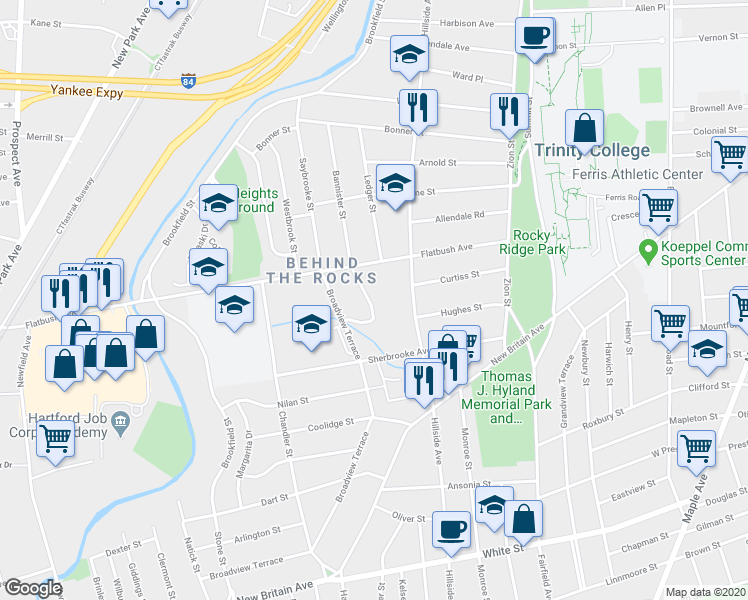 map of restaurants, bars, coffee shops, grocery stores, and more near 38 Grafton Street in Hartford