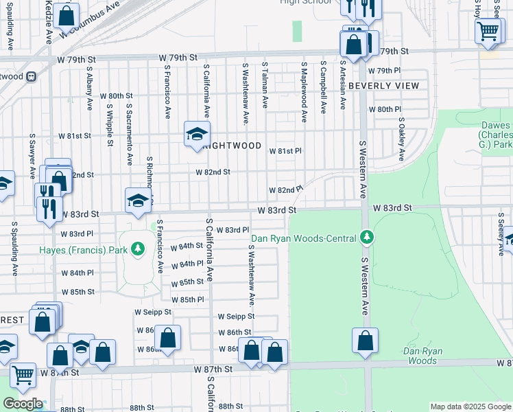 map of restaurants, bars, coffee shops, grocery stores, and more near 2648 West 83rd Street in Chicago
