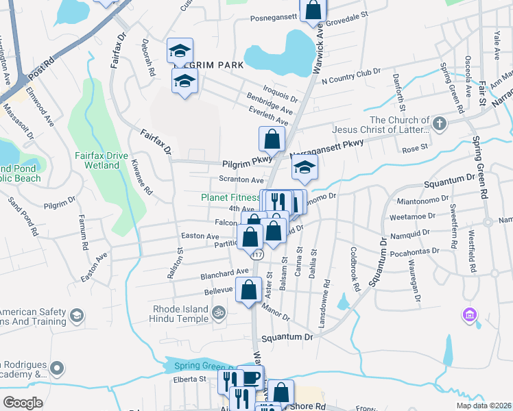 map of restaurants, bars, coffee shops, grocery stores, and more near 1225 Warwick Avenue in Warwick