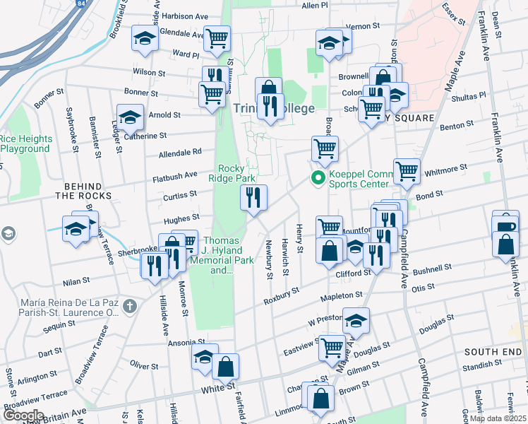 map of restaurants, bars, coffee shops, grocery stores, and more near 249 New Britain Avenue in Hartford