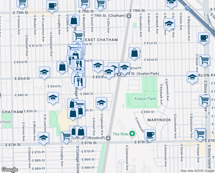 map of restaurants, bars, coffee shops, grocery stores, and more near 8334 South Ellis Avenue in Chicago