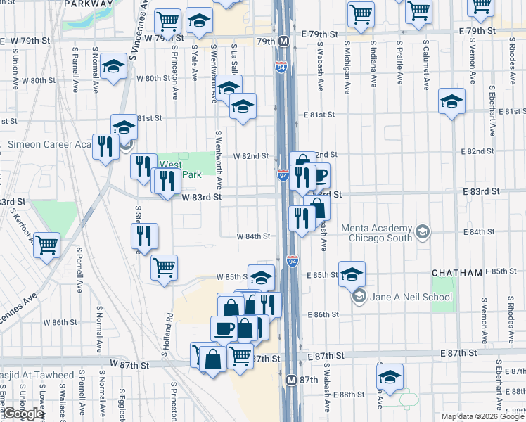 map of restaurants, bars, coffee shops, grocery stores, and more near 101 West 83rd Street in Chicago