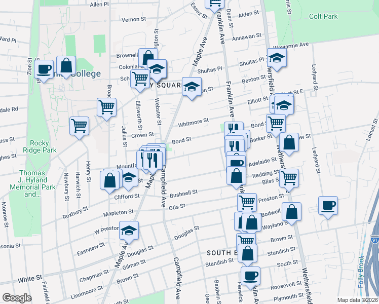 map of restaurants, bars, coffee shops, grocery stores, and more near 173 Bond Street in Hartford