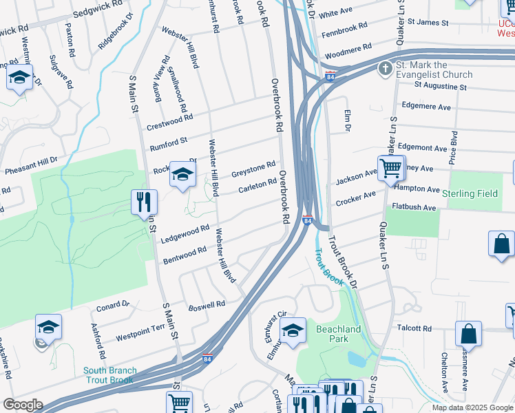 map of restaurants, bars, coffee shops, grocery stores, and more near 30 Ledgewood Rd in West Hartford