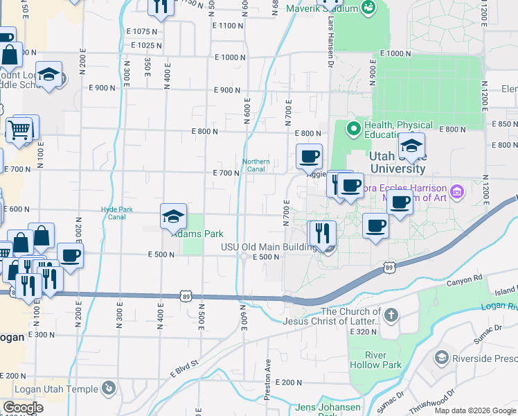map of restaurants, bars, coffee shops, grocery stores, and more near 631 East 600 North in Logan