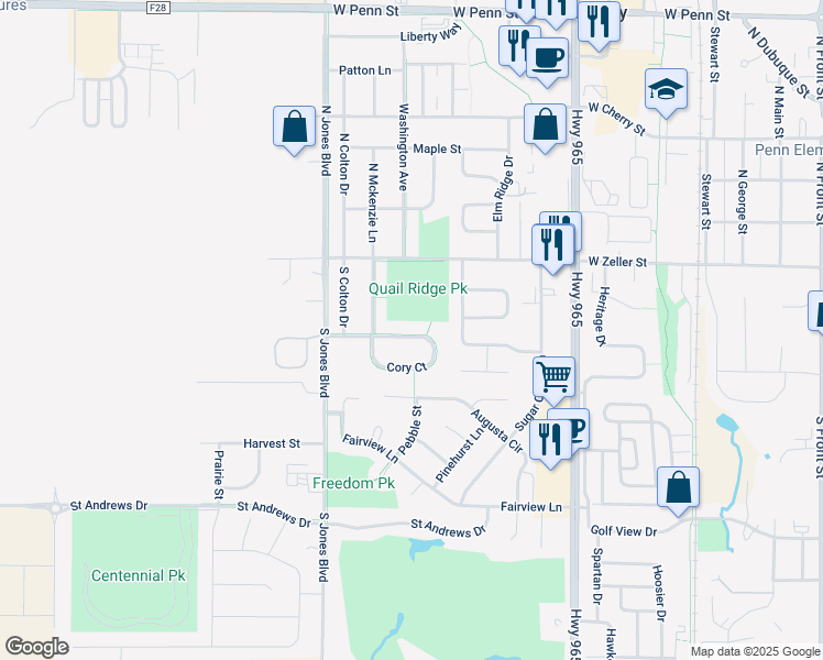 map of restaurants, bars, coffee shops, grocery stores, and more near 1082 Cory Court in North Liberty