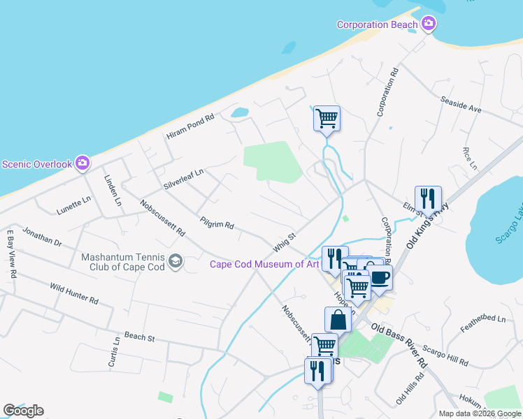 map of restaurants, bars, coffee shops, grocery stores, and more near 132C Whig Street in Dennis