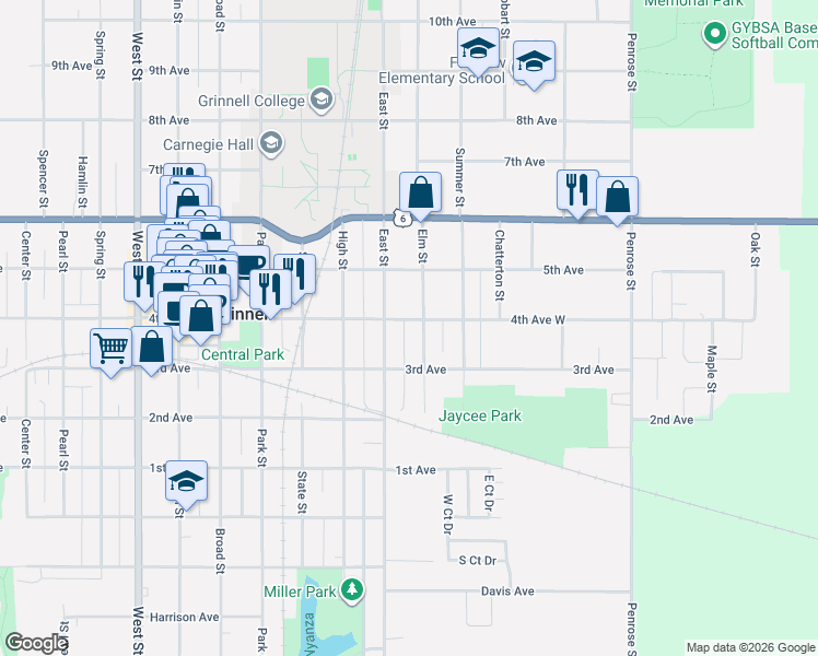map of restaurants, bars, coffee shops, grocery stores, and more near 1316 4th Avenue West in Grinnell