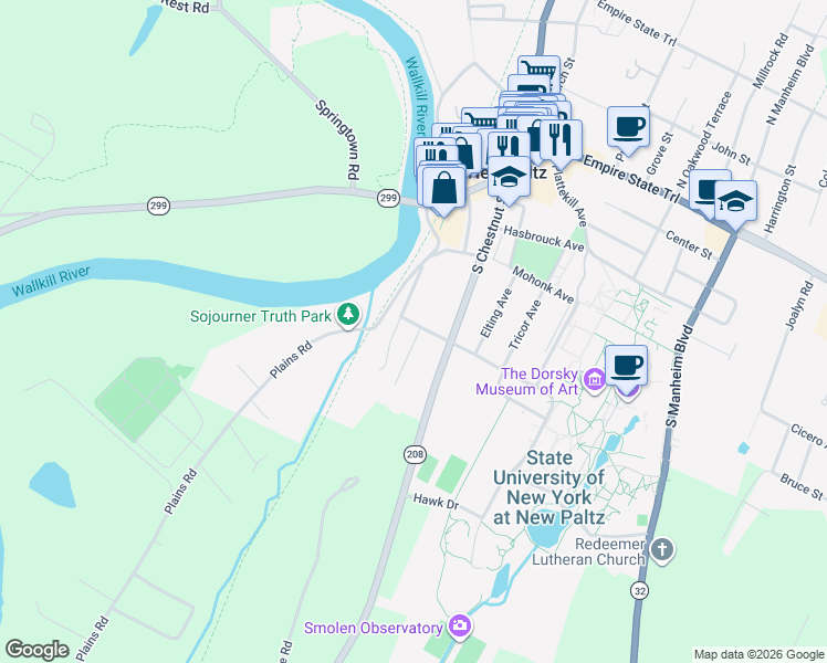 map of restaurants, bars, coffee shops, grocery stores, and more near 4 Southside Avenue in New Paltz