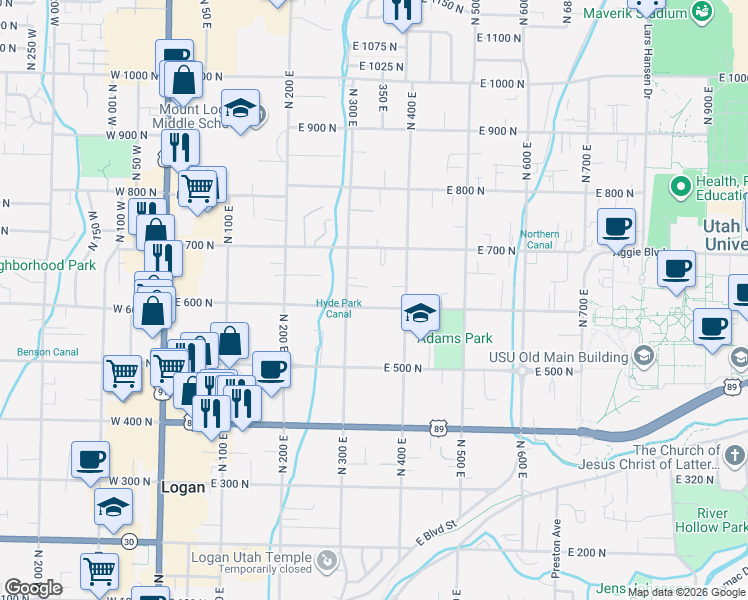 map of restaurants, bars, coffee shops, grocery stores, and more near 345 East 600 North in Logan