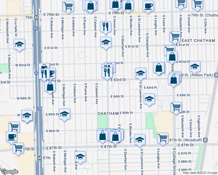 map of restaurants, bars, coffee shops, grocery stores, and more near 8331 South King Drive in Chicago