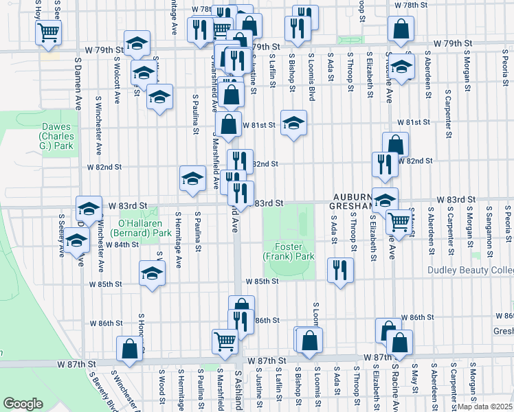 map of restaurants, bars, coffee shops, grocery stores, and more near 1531 West 83rd Street in Chicago