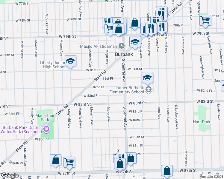 map of restaurants, bars, coffee shops, grocery stores, and more near 5624 82nd Street in Burbank