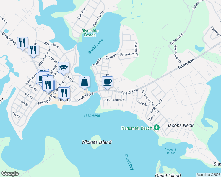 map of restaurants, bars, coffee shops, grocery stores, and more near 19 Grove Street in Wareham