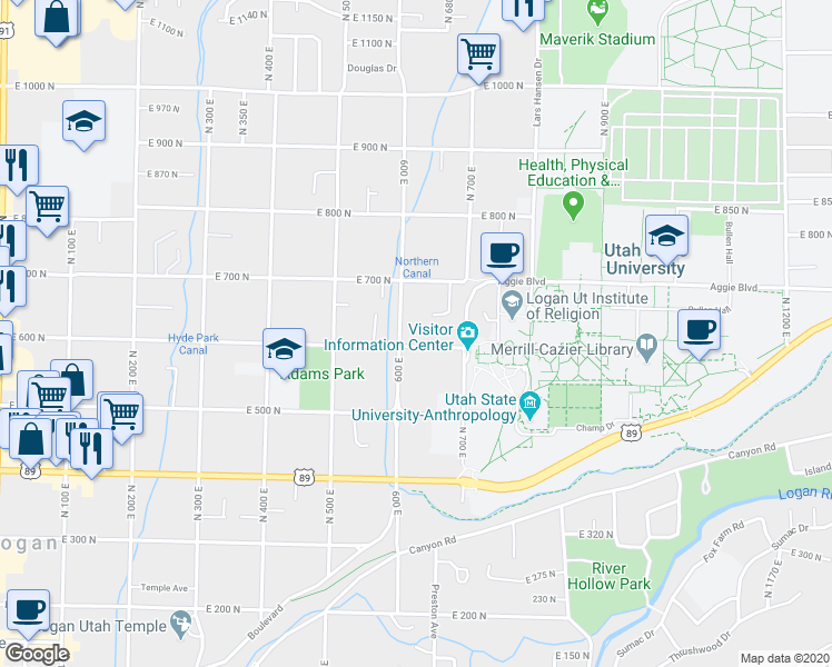 map of restaurants, bars, coffee shops, grocery stores, and more near 646 600 East in Logan