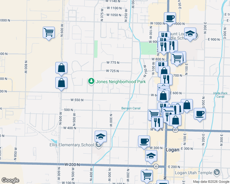 map of restaurants, bars, coffee shops, grocery stores, and more near 257 A W 0600 North in Logan