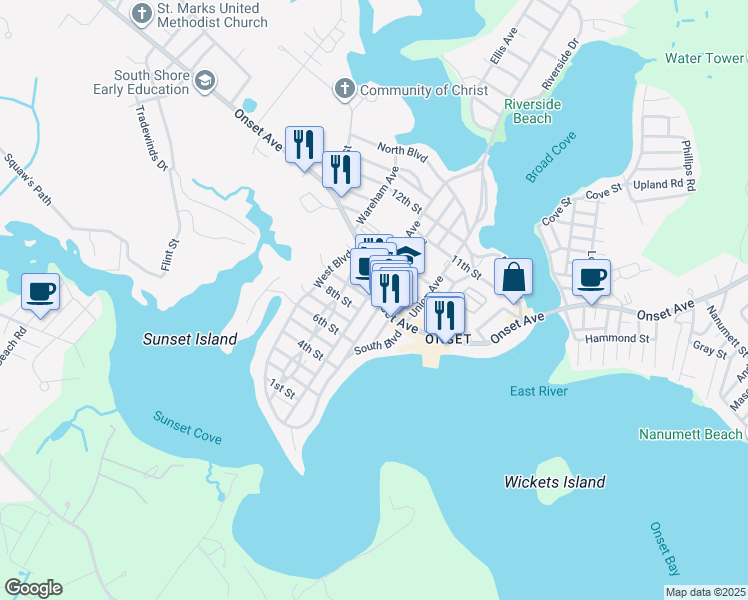 map of restaurants, bars, coffee shops, grocery stores, and more near 5 East Central Avenue in Wareham