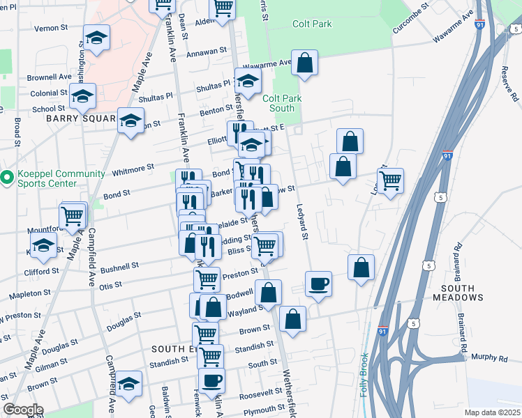 map of restaurants, bars, coffee shops, grocery stores, and more near 5 Meadow Street in Hartford