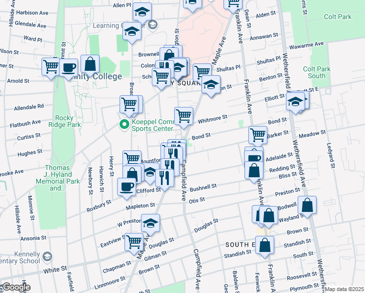 map of restaurants, bars, coffee shops, grocery stores, and more near in Hartford