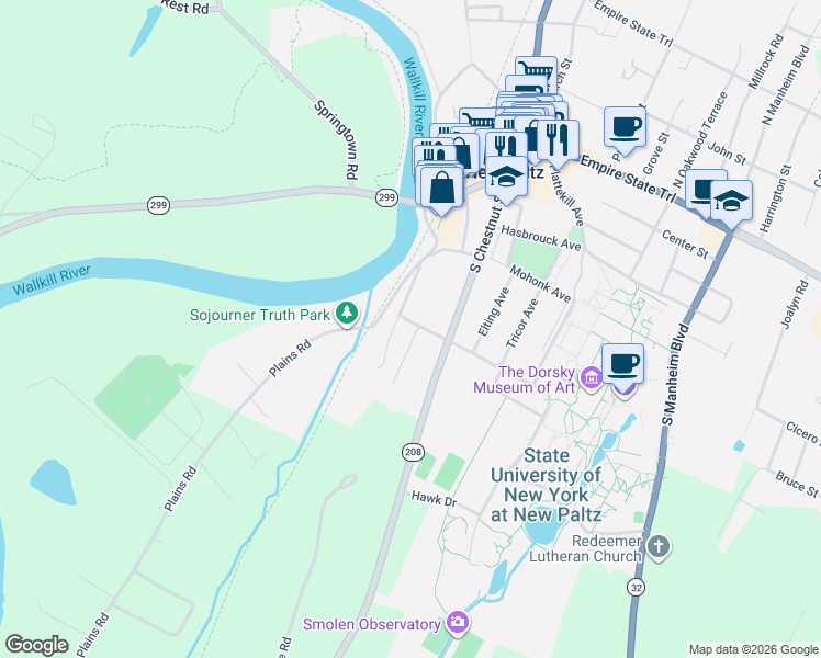map of restaurants, bars, coffee shops, grocery stores, and more near 4 Southside Avenue in New Paltz