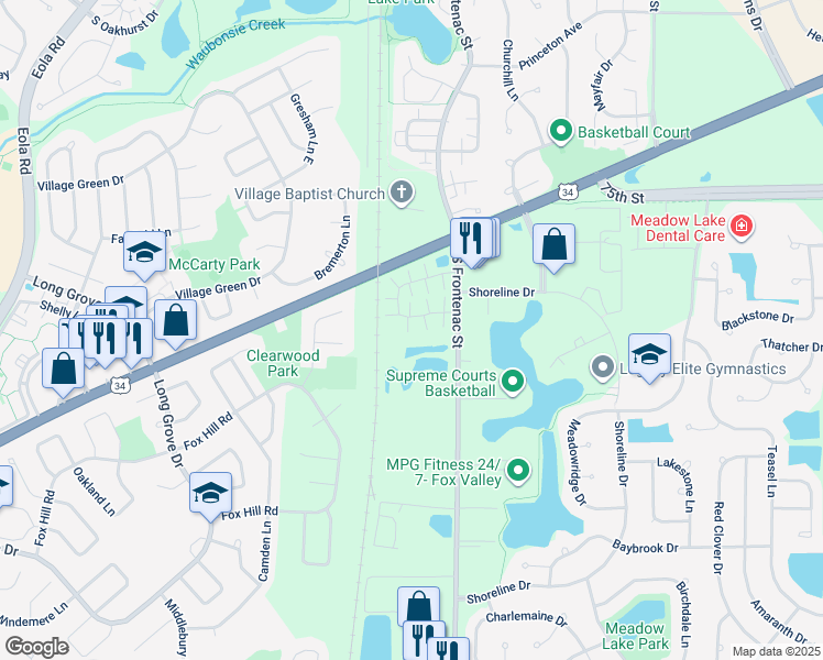 map of restaurants, bars, coffee shops, grocery stores, and more near 3385 Ravinia Circle in Aurora