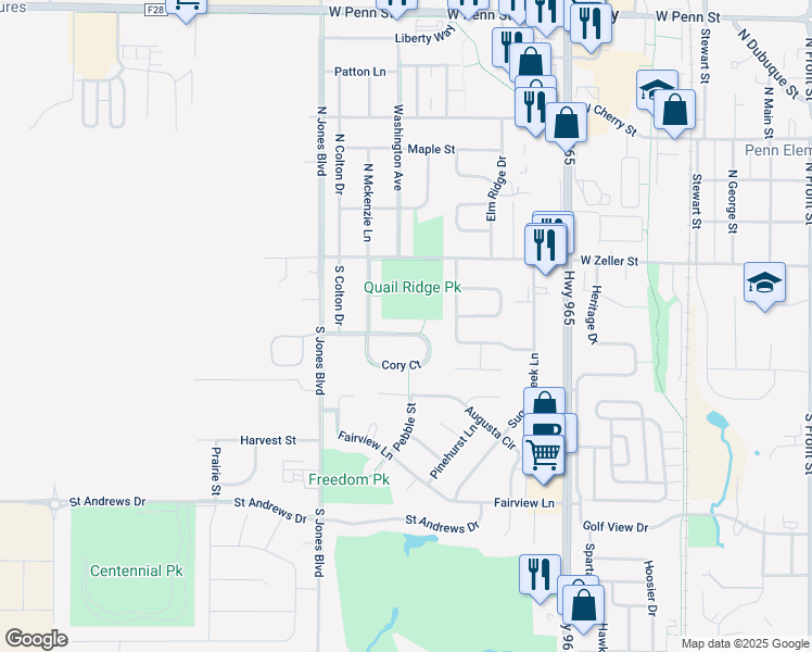 map of restaurants, bars, coffee shops, grocery stores, and more near 1082 Cory Court in North Liberty