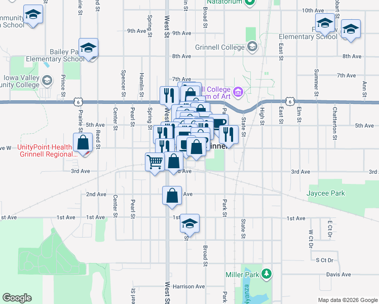 map of restaurants, bars, coffee shops, grocery stores, and more near 801 4th Ave in Grinnell