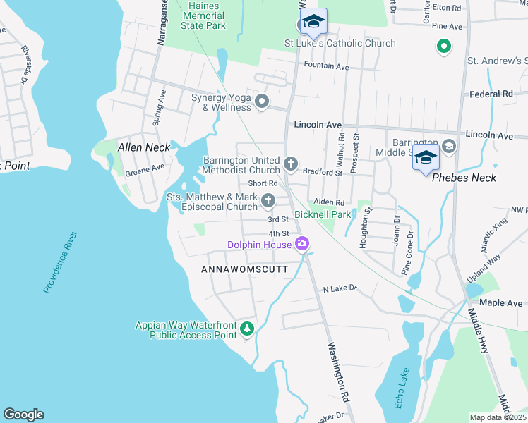 map of restaurants, bars, coffee shops, grocery stores, and more near 5 Chapel Road in Barrington