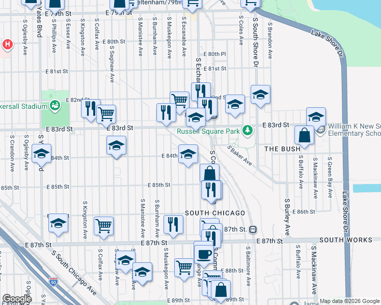 map of restaurants, bars, coffee shops, grocery stores, and more near 8373 South Baltimore Avenue in Chicago