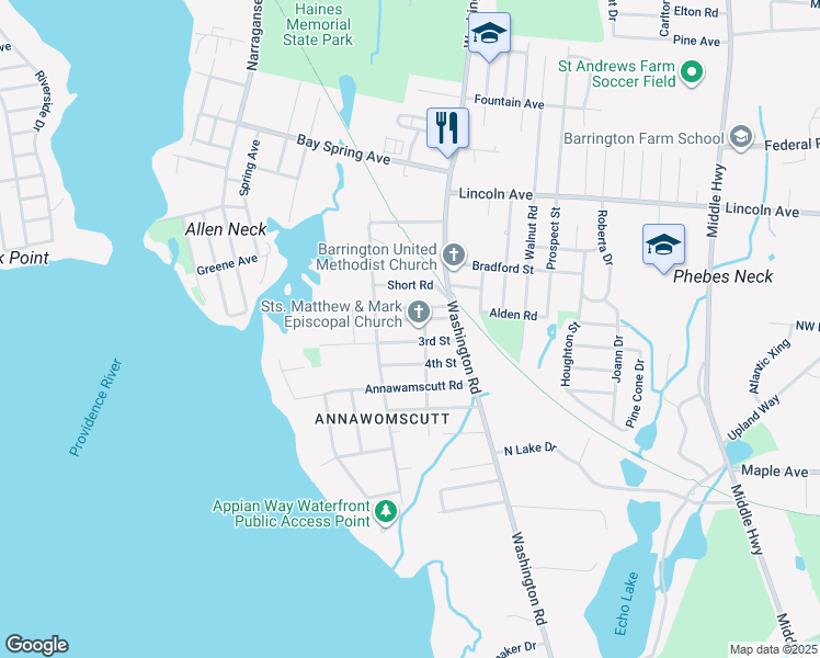 map of restaurants, bars, coffee shops, grocery stores, and more near 5 Chapel Road in Barrington