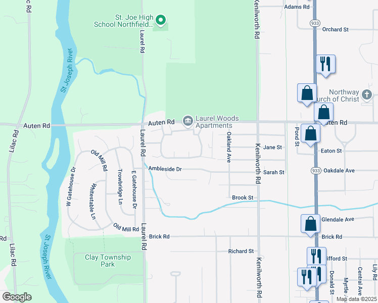 map of restaurants, bars, coffee shops, grocery stores, and more near Ashwood Court in South Bend