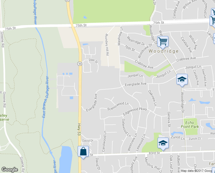map of restaurants, bars, coffee shops, grocery stores, and more near 3124 Everglade Avenue in Woodridge