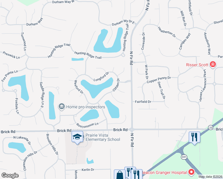 map of restaurants, bars, coffee shops, grocery stores, and more near 15131-15149 Clifden Drive in Granger