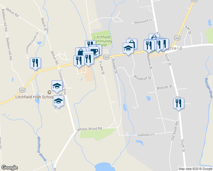 map of restaurants, bars, coffee shops, grocery stores, and more near 97 South Lake Street in Litchfield