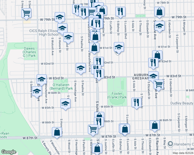 map of restaurants, bars, coffee shops, grocery stores, and more near S Ashland Ave & W 83rd St in Chicago