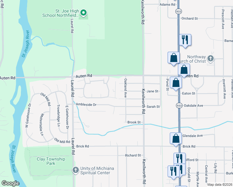 map of restaurants, bars, coffee shops, grocery stores, and more near 20145 Jane Street in South Bend