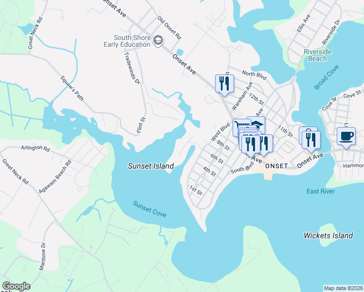 map of restaurants, bars, coffee shops, grocery stores, and more near 14 Sunset Avenue in Wareham