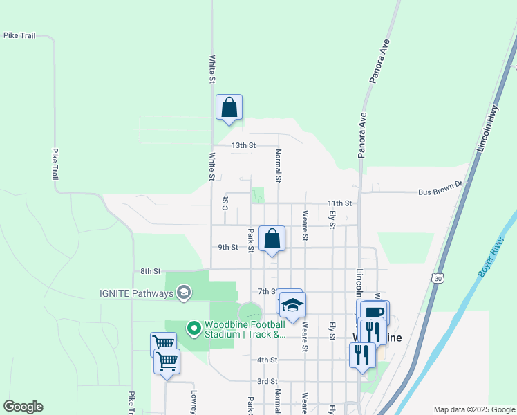 map of restaurants, bars, coffee shops, grocery stores, and more near 23 11th Street in Woodbine