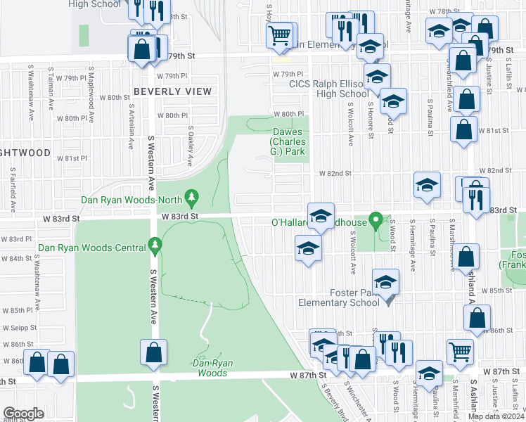 map of restaurants, bars, coffee shops, grocery stores, and more near 2112 West 83rd Street in Chicago