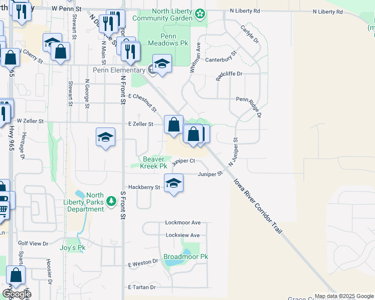 map of restaurants, bars, coffee shops, grocery stores, and more near 335 Beaver Kreek Center in North Liberty