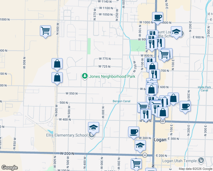 map of restaurants, bars, coffee shops, grocery stores, and more near 285 West 600 North in Logan