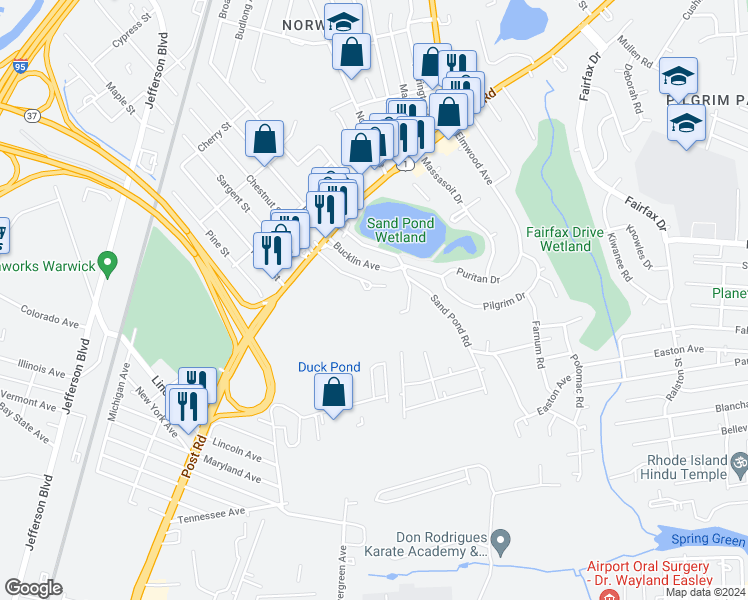 map of restaurants, bars, coffee shops, grocery stores, and more near 85 Ethan Street in Warwick
