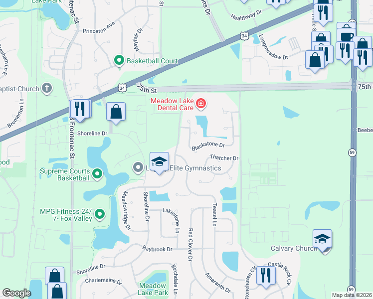 map of restaurants, bars, coffee shops, grocery stores, and more near 708 Meadowridge Drive in Aurora